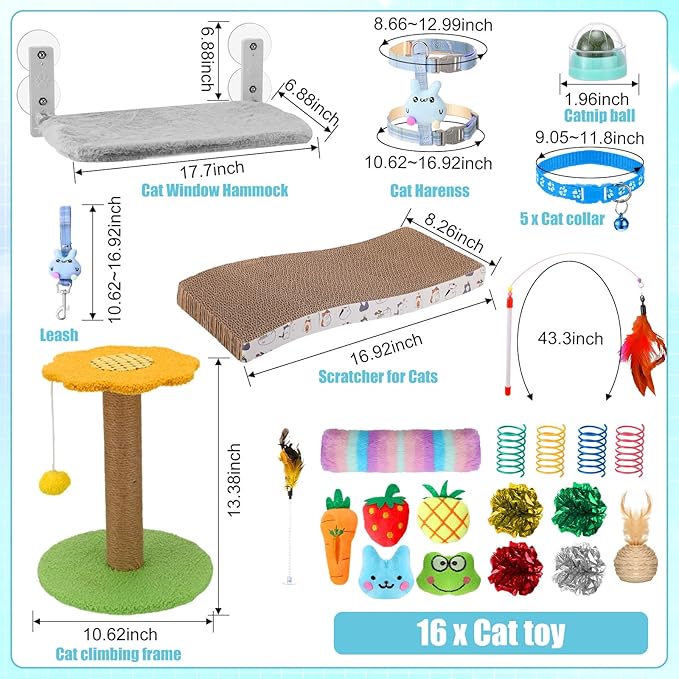 40 Pcs Kitten Starter Kit for Indoor Cats Include Cat Litter Box Toys, Hammock, Bed Scratch Pad, Climbing Post, Feed Bowls, Mat, Collars, Nail File and More for Kitten Supplies Welcome Gift(Blue)