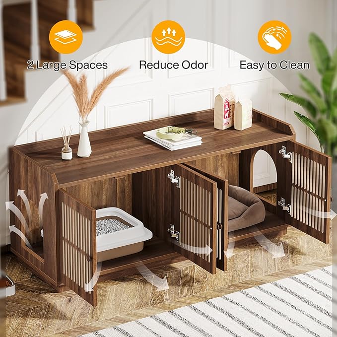 Tribesigns 2 Cats Litter Box Enclosure, 55.1-Inch Extra Large Hidden Litter Box Furniture with 2 Cabinets and Side Entry, Wooden XL Cat Washroom Furniture with Storage for Living Room, Rustic Brown