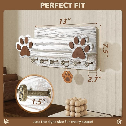 MTERSN Farmhouse Dog Leash Holder for Wall - Cute Dog Accessories Storage Organizer with Floating Shelf and 6 Key Hooks – Key Holder Wall Mount for Rustic Home Decor (White)