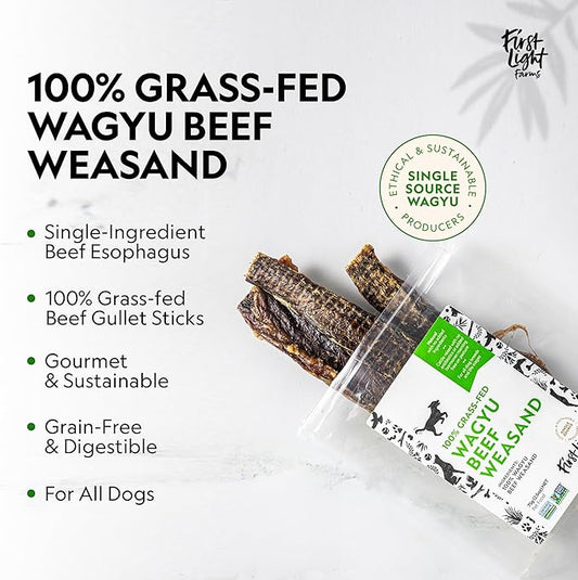 First Light Farms Wagyu Beef Esophagus Dog Treats | Gullet Sticks for Dogs | Esophagus Jerky Treats | All Natural Weasand Chews, 4-5 Count | Healthy Treats for Teeth, Mental Stimulation, Joint Support