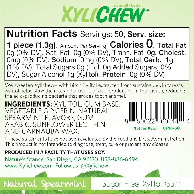 Xylichew 100% Xylitol Chewing Gum - Non GMO, Non Aspartame, Gluten Free, and Sugar Free Gum - Natural Oral Care, Relieves Bad Breath and Dry Mouth - Spearmint, 50 Count