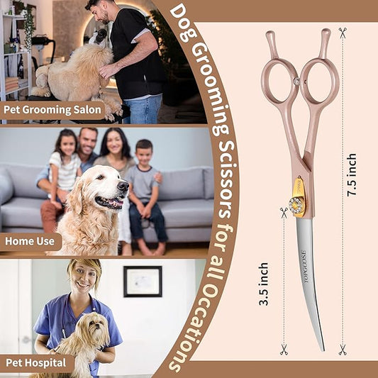 TOPGOOSE Professional Curved Dog Grooming Scissors 7.5'' 440C Stainless Steel Pet Cutting Shears Safety Trimming Shearing for Dogs Cats (Rose Gold, Curved Shear)