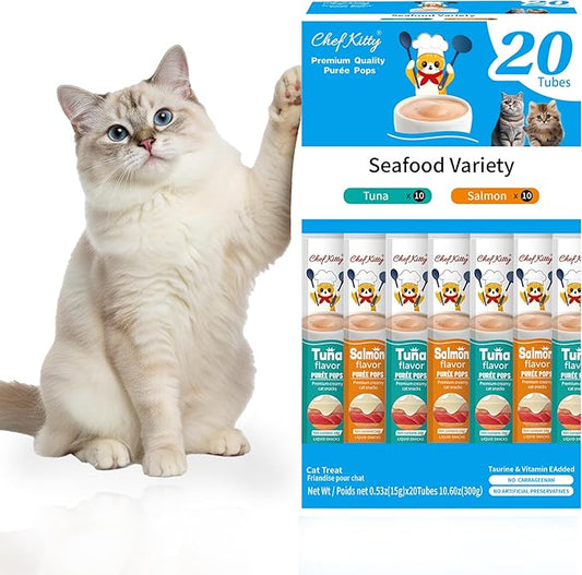 Purée Pops, Cat Treats, Grain-Free, Lickable, Squeezable Creamy Cat Treat/Topper with Vitamin E & Taurine, 0.5 Ounces Each Tube, 20 Tubes, Seafood Mix Variety