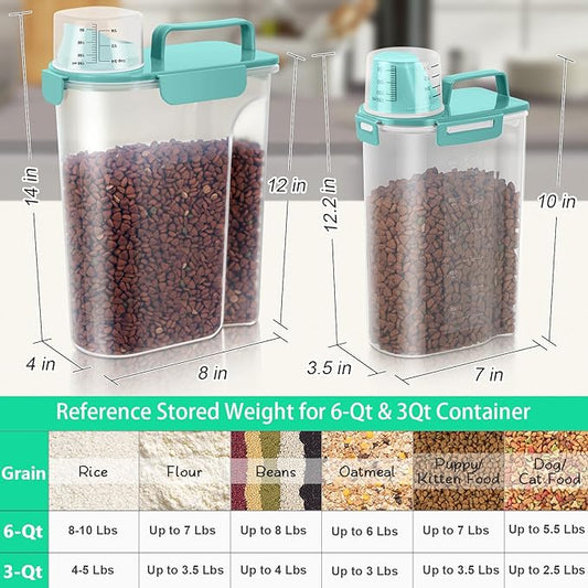 TBMax Dog Food Storage Containers 2 Pack 8 to 10 Lbs, Airtight Pet Food Container Dispenser with Large Spout & Portable Handle, Travel Dog Treat Cat Food Storage Bin Bird Seed Container -Cyan