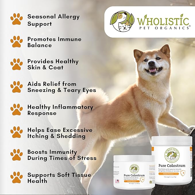 Wholistic Pet Organics Colostrum for Dogs & Cats - Bovine Colostrum Powder - Cat & Dog Allergy Relief, Immune Support & Itching Skin Relief - Cat and Dog Vitamins for Itchy Skin - 2 oz - 140 Scoops