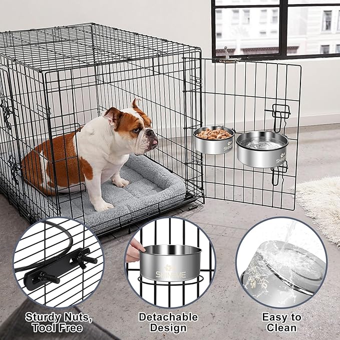 Water Bowl for Dog Crate, ShineMe 34oz & 25oz Stainless Steel Dogs Bowls, Dog Food and Water Bowl Set Mountable in Crate Kennel Cage, 2 Pack, Silver (6.2x2.6” & 5.5x2.4”)