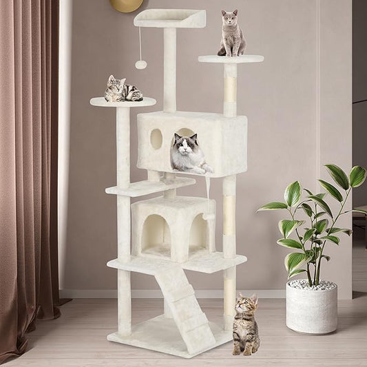 BestPet | 62" Cat Tree Tower | Beige | Sturdy, Easy to Assemble, Multi-Level Activity Center with Sisal Scratching Posts, Condos, Perches, Hanging Cat Toys, Observation Decks & Ladder
