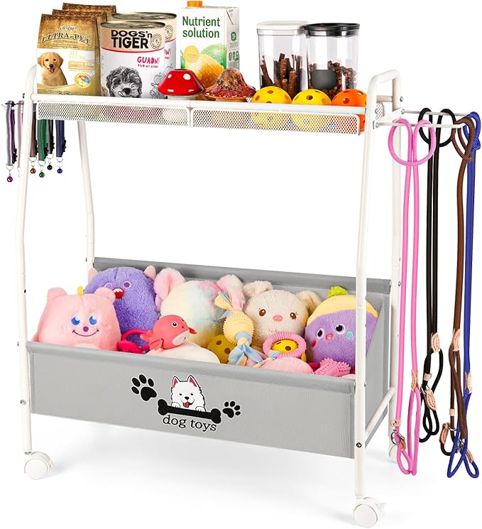 Liitrton Large Dog Toy Basket, Mobile Dog Toy Bin with Dog Organizer Storage Rack, 2-Tier Dog Toy Box for Living Room Area Holder Storage Dog Cat Accessories, Pet Leashes, Food & Clothes