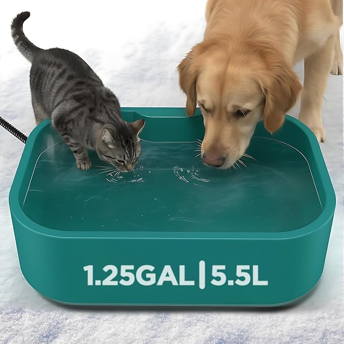 1.25Gal/5.5L Extra Large Pet Heated Water Bowl for Dog Cats Rabbit Chicken Duck Squirrel, Indoor & Outdoor Antifreezing Winter Heated Food & Water Bowl Dish, Thickened Design, BPA-Free, Plug and Play