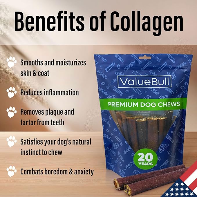 ValueBull USA Collagen Sticks for Dogs, 6 Inch Medium Chews, Natural Long-Lasting Dog Treats, 50 Count - Promotes Joint, Skin & Coat Health with Glucosamine and Chondroitin