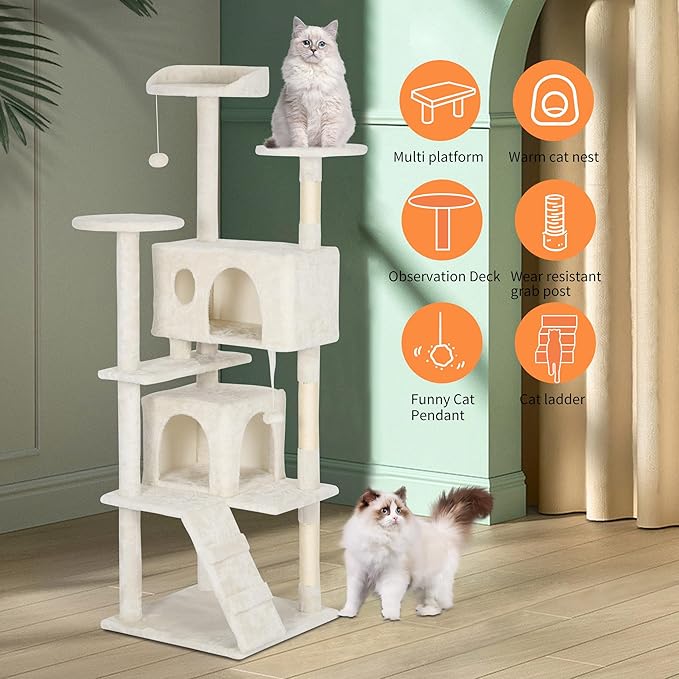 BestPet | 62" Cat Tree Tower | Beige | Sturdy, Easy to Assemble, Multi-Level Activity Center with Sisal Scratching Posts, Condos, Perches, Hanging Cat Toys, Observation Decks & Ladder