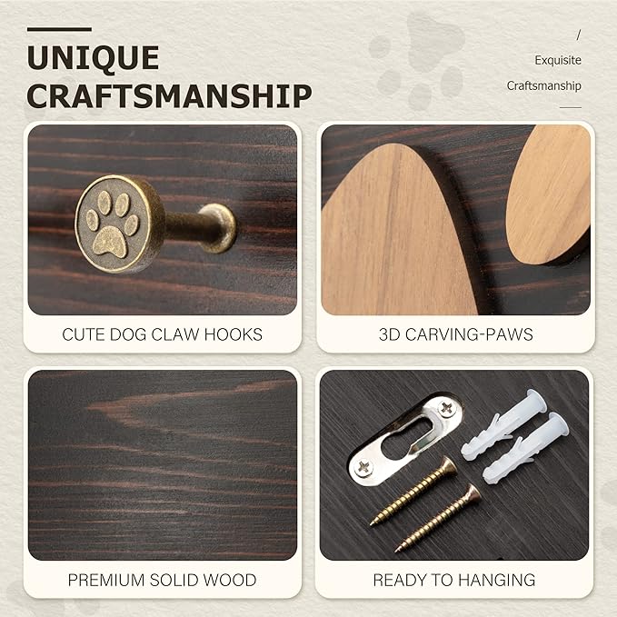 MTERSN Farmhouse Key Holder for Wall - Decorative Dog Leash Hanger Wall Mounted and Coat Rack with 6 Unique 3D Pet Claw Hooks - Dog Accessories Organizer for Rustic Home Decor (Dark Brown)