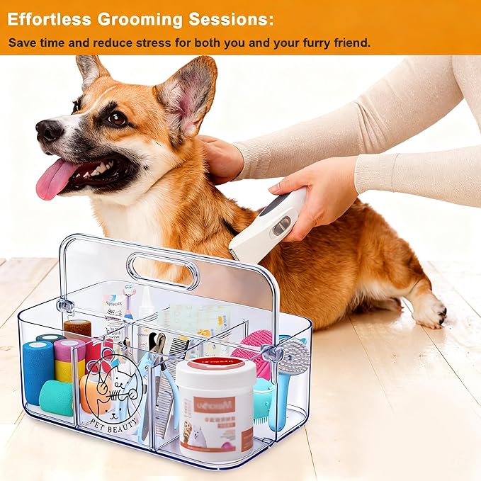 Clear Dog Storage Organizer,Pet Grooming Supplies Organizer with Handle,5 compartments Countertop Caddy, Storage Bin for Dog Cat Grooming Kit,Trimmer,Clipper,Combo,Brush