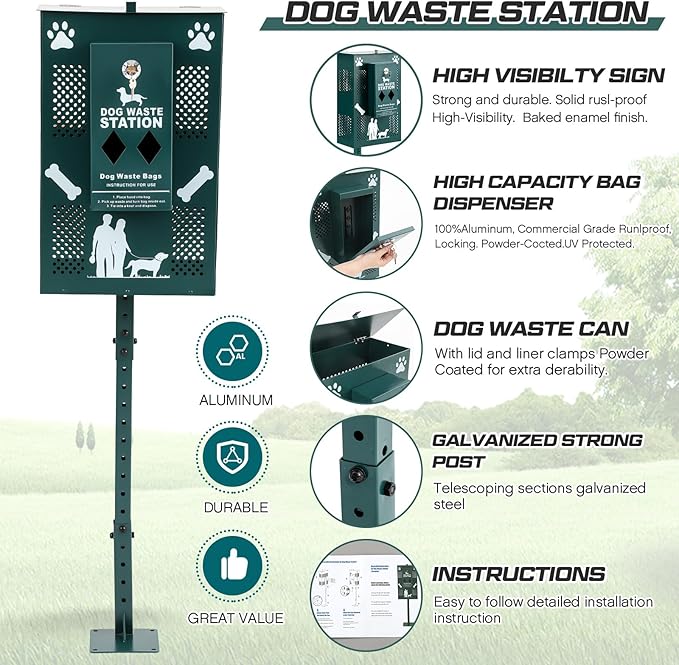 Abbylike Compact Dog Waste Station Outdoor - Pet Poop Waste Bag Dispenser & Litter Bin Combo, Pet Trash Bin Height Adjustable with Reflective Sign for Backyard Commercial Park Trail Yard