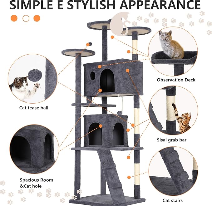 BestPet | 81" Cat Tree Tower | Dark Gray | Sturdy, Easy to Assemble, Multi-Level Activity Center with Sisal Scratching Posts, Condos, Perches, Hanging Cat Toys, Observation Decks & Ladder