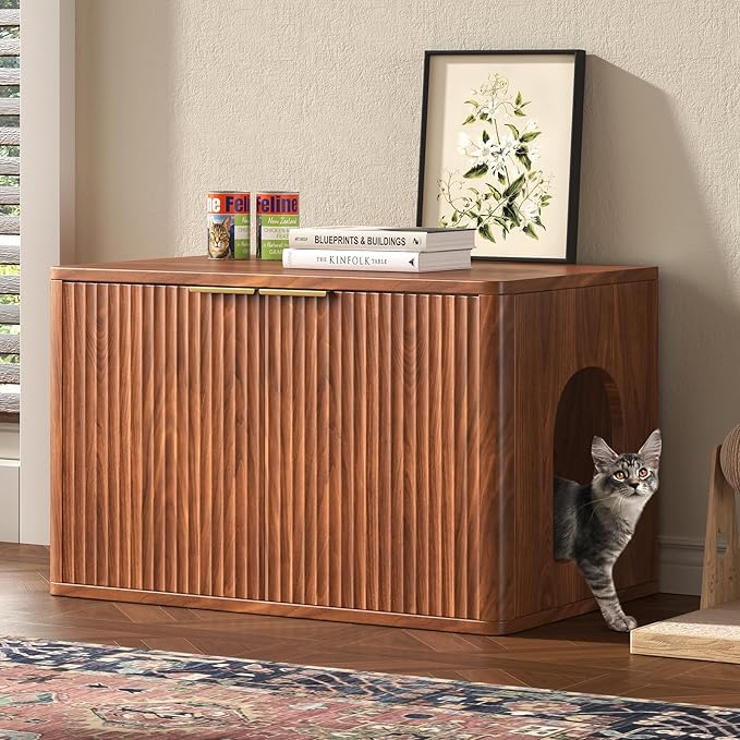 31.5" Walnut Cat Litter Box Enclosure Furniture, Large Decorative Hidden Litter Box Cabinet, Fluted Mid Century Modern Kitty End Table for Living Rooms, Bedrooms, Entryways