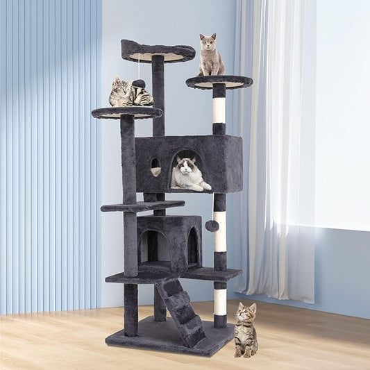 BestPet | 54" Cat Tree Tower | Ashy | Sturdy, Easy to Assemble, Multi-Level Activity Center with Sisal Scratching Posts, Condos, Perches, Hanging Cat Toys, Observation Decks & Ladder