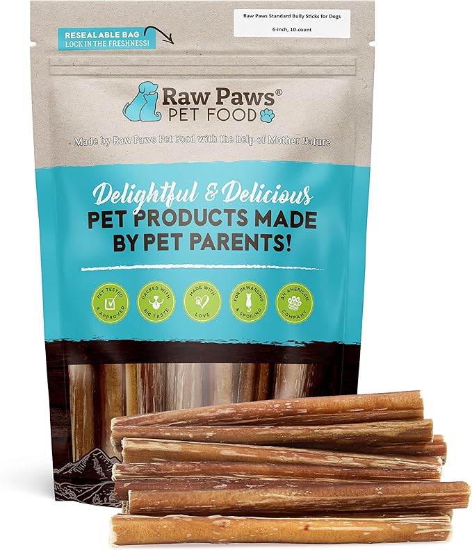 Raw Paws Standard Bully Sticks for Small Dogs, 6-Inch (10-Count) - Low Odor Junior Bully Chews - Free-Range Pizzle Sticks for Dogs - Single Ingredient Dog Chews - Rawhide Alternative - Long Lasting