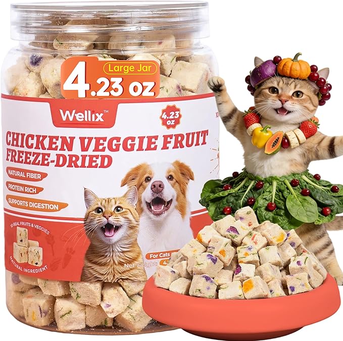 Wellix Freeze Dried Chicken&Vegetables Treats for Cats&Dogs - Healthy Freeze Dried Cat Treats Rich in Pumpkin,Cranberry,etc - High-Protein Food Topper for Gut Health 4.23oz