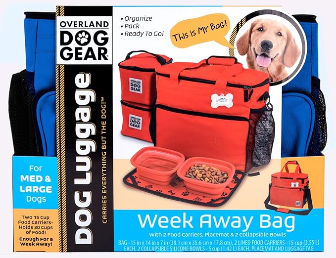 Mobile Dog Gear Week Away Airline Approved Dog Travel Bag (15"x7"x14", Blue) - Includes 2 Pet Food Storage Containers + 2 Collapsible Dog Water Bowls