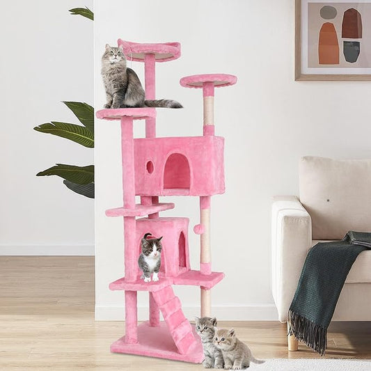 BestPet | 70" Cat Tree Tower | Pink | Sturdy, Easy to Assemble, Multi-Level Activity Center with Sisal Scratching Posts, Condos, Perches, Hanging Cat Toys, Observation Decks & Ladder
