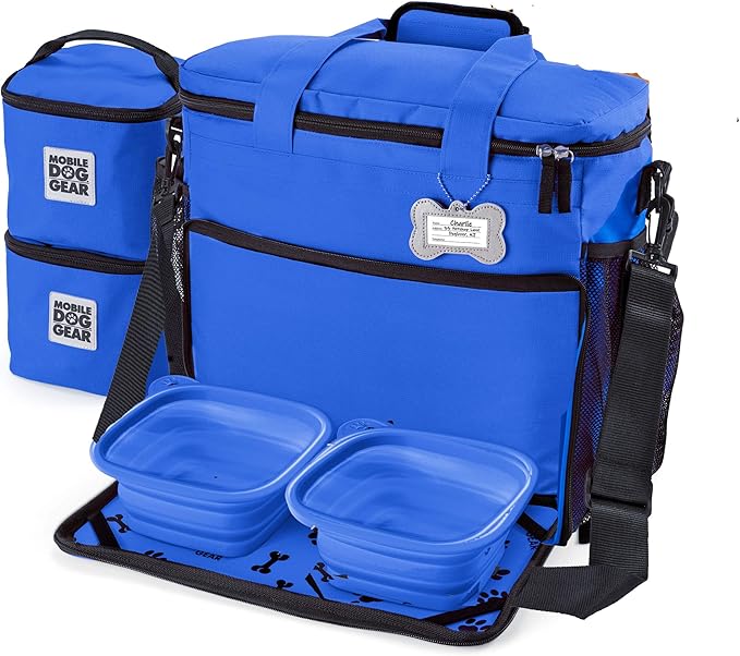 Mobile Dog Gear Week Away Airline Approved Dog Travel Bag (15"x7"x14", Blue) - Includes 2 Pet Food Storage Containers + 2 Collapsible Dog Water Bowls