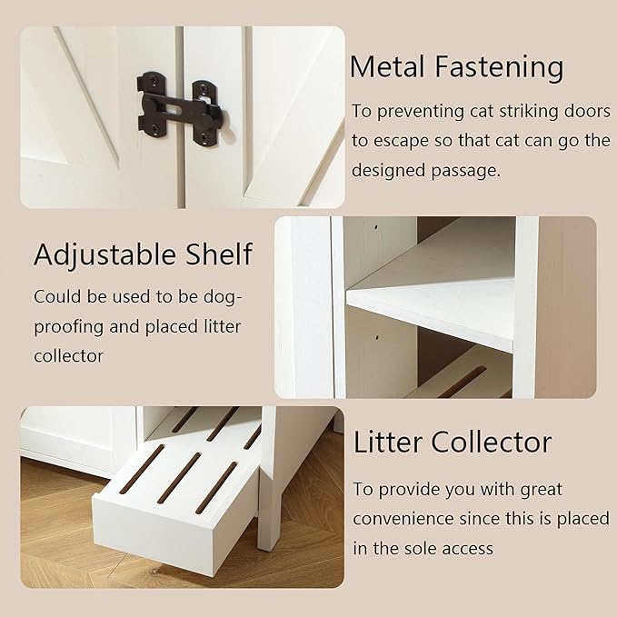 41.3'' Cat Litter Enclosure,Adjustable Shelf for Dog Proof and Storage,Locks Added for Cat,Litter Collector,Small Indoor Pet House,Antique White