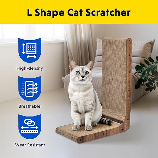 Simple Deluxe Cardboard Cat Scratcher with Cat Toys Ball Track, 24 Inches L-Shaped Scratch Pad, Cardboard Lounge Bed, Stable and Durable, Furniture Protector, Reversible