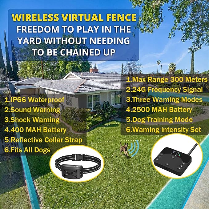 Wireless Dog Fence Dog Training Collar 2 in 1, Electric Pets Boundary Containment System, Adjustable Range Control, Waterproof Receiver, Vibration & Shock, Suitable for All Stubborn Dogs,for2dogs