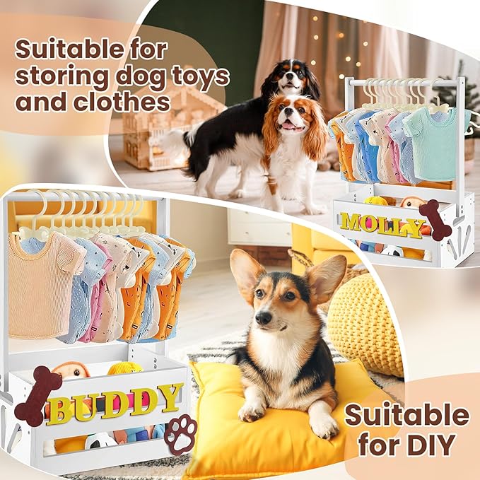 20 x 13 x 9 Wooden Dog Closet Pet Wardrobe Crate Box with Hanging Rods and Personalized Alphabet Letters Easy Assembly Baskets for Dog Cat Toys Clothes Accessories(White)