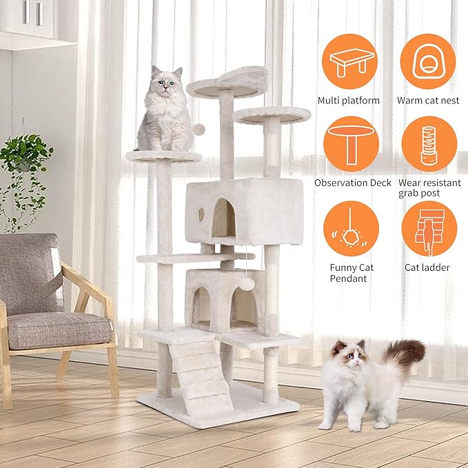 BestPet | 54" Cat Tree Tower | Beige | Sturdy, Easy to Assemble, Multi-Level Activity Center with Sisal Scratching Posts, Condos, Perches, Hanging Cat Toys, Observation Decks & Ladder
