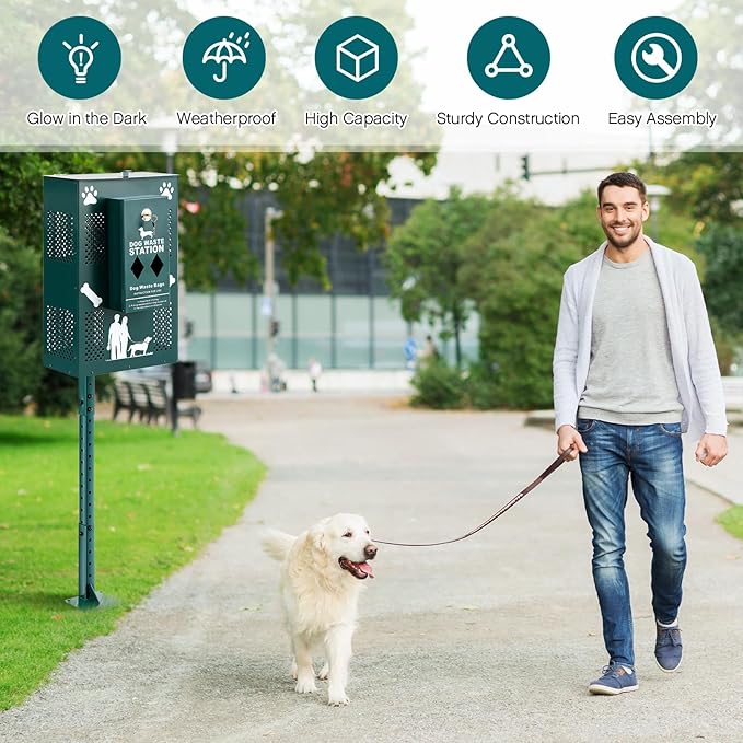 Abbylike Compact Dog Waste Station Outdoor - Pet Poop Waste Bag Dispenser & Litter Bin Combo, Pet Trash Bin Height Adjustable with Reflective Sign for Backyard Commercial Park Trail Yard