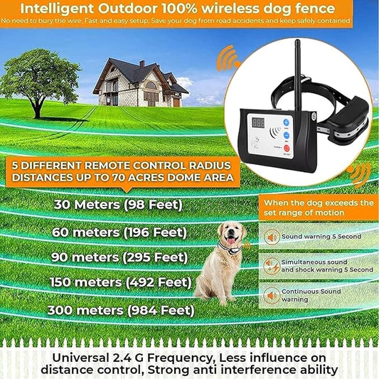Wireless Dog Fence,Outdoor Safe Electric Pet Containment System,Adjustable Radius Range Up to 990ft,Dog Boundary Container with Waterproof & Rechargeable Training Collars Receiver,for 1 2 3 Dogs,for2d