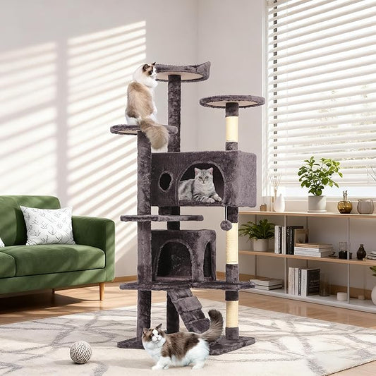 BestPet | 54" Cat Tree Tower | Purple Gray | Sturdy, Easy to Assemble, Multi-Level Activity Center with Sisal Scratching Posts, Condos, Perches, Hanging Cat Toys, Observation Decks & Ladder