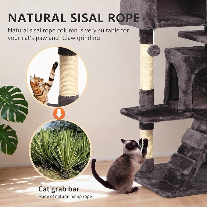 BestPet | 54" Cat Tree Tower | Purple Gray | Sturdy, Easy to Assemble, Multi-Level Activity Center with Sisal Scratching Posts, Condos, Perches, Hanging Cat Toys, Observation Decks & Ladder