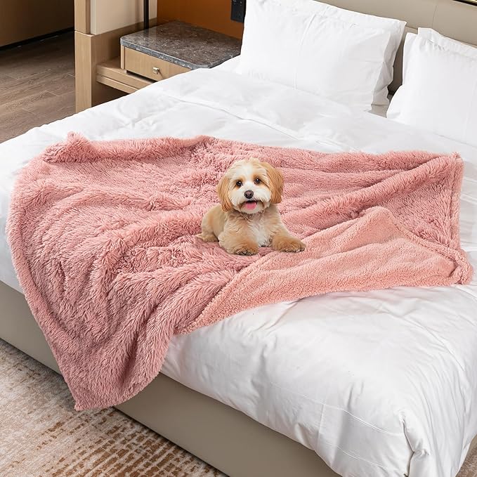 Waterproof Pet Blanket Pink Calming Dog Blankets Fluffy Long Faux Fur Pet Throw Blankets for Couch Protector Love Bed Cover Washable(Pink,L)