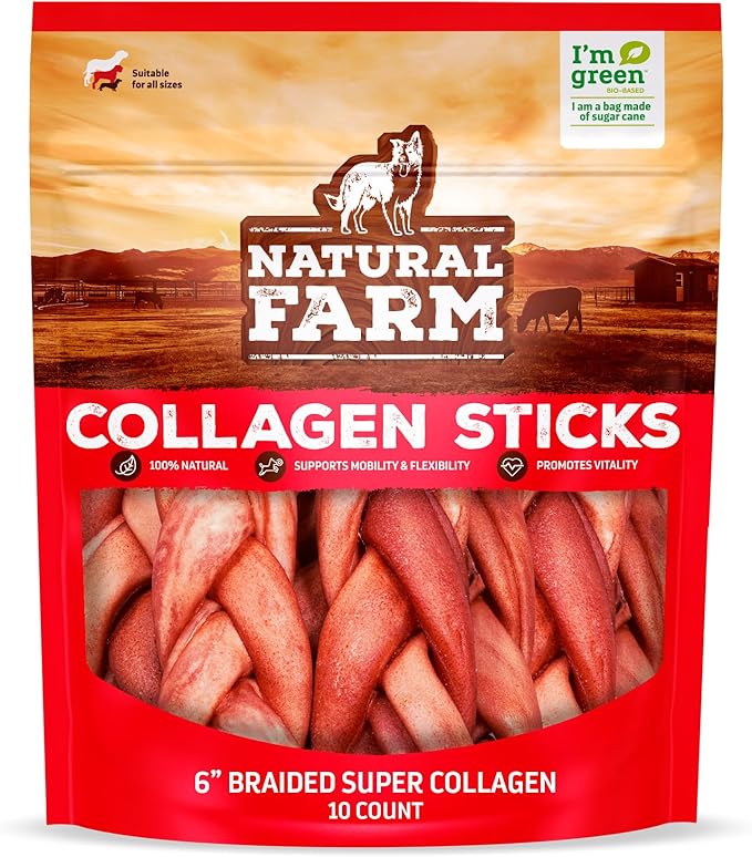 Natural Farm Odor-Free Super Braided Collagen Dog Chews (6-Inch, 10-Pack) First Ever Real Bull Sticks Alternative: 100% Natural Angus Hide Collagen Treats- More Protein More Chew Time for All Dogs