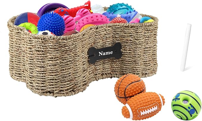 Personalized Dog Toy Bin - Bone Shape Dog Toys Storage & Organizer Boxes for Living Room - Handmade Seagrass Basket