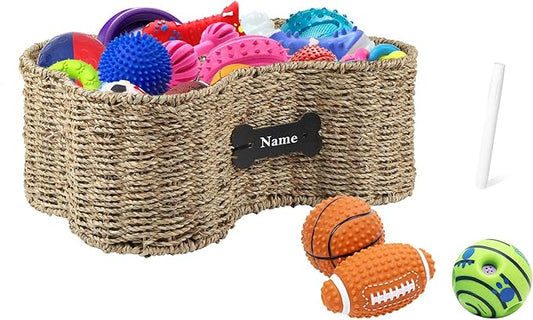 Personalized Dog Toy Bin - Bone Shape Dog Toys Storage & Organizer Boxes for Living Room - Handmade Seagrass Basket
