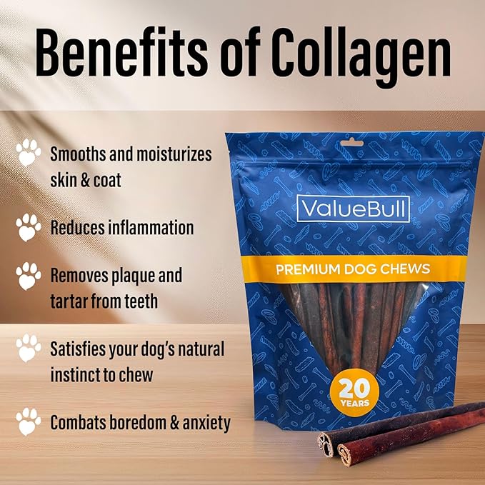 ValueBull Collagen Sticks for Small Dogs, 12 Inch Thin Chews, Natural Dog Treats, 25 Count - Supports Joints, Skin & Coat with Chondroitin & Glucosamine