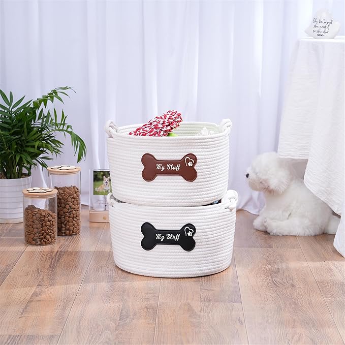 Pet Dog Storage Basket with Brown Leather Bone Design, Cotton Rope Organizer for Dog Toys, 12 x 12 x 7 inches, Puppy Toy Storage Organizer (Brown Leather Basket)
