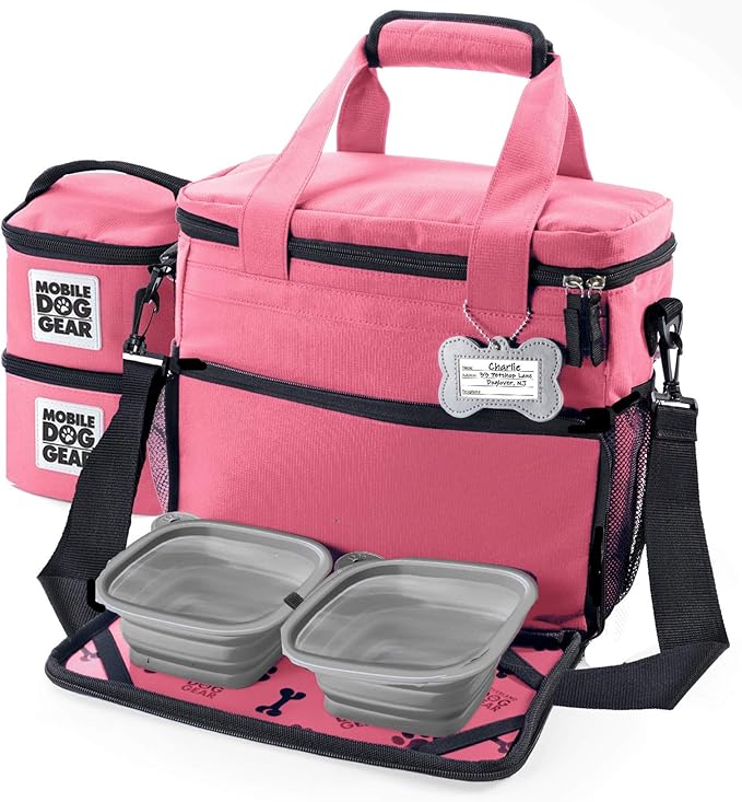 Mobile Dog Gear, Week Away Dog Travel Bag for Small Dogs, Includes Lined Food Carriers and 2 Collapsible Dog Bowl, Pink