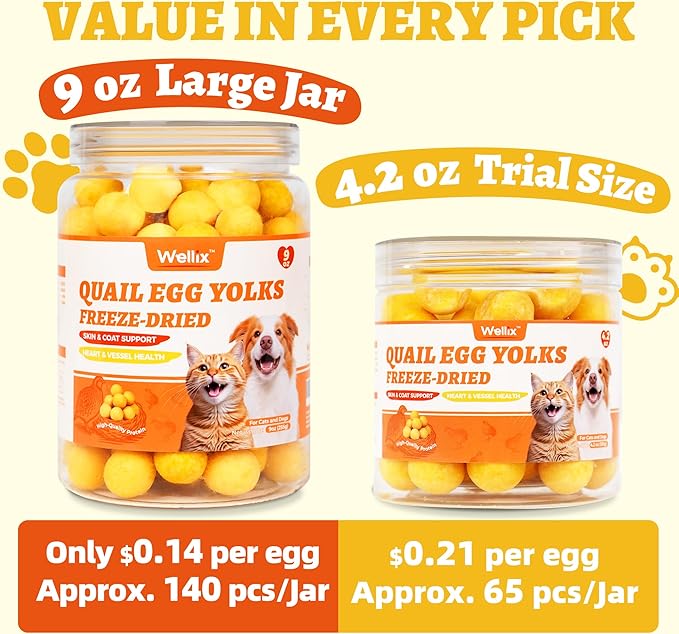 Wellix 9oz Freeze Dried Quail Eggs for Cats&Dog Treats - High-Protein Freeze Dried Quail Egg Yolk Cat Treats for Skin&Coat Health - Delicious Training Snacks for Puppy,Kitten Treat