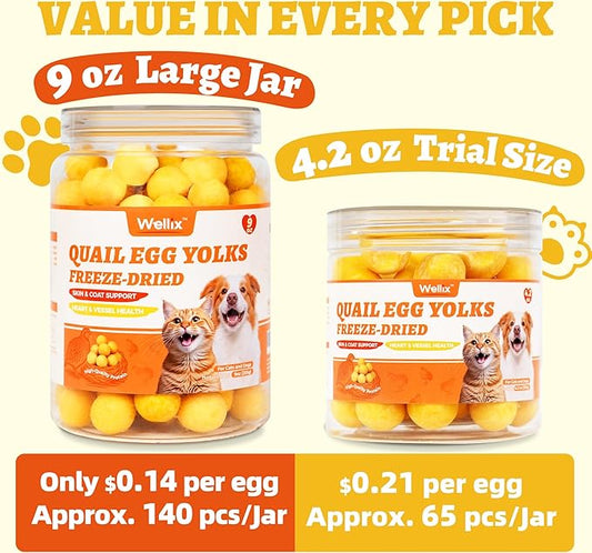 Wellix 9oz Freeze Dried Quail Eggs for Cats&Dog Treats - High-Protein Freeze Dried Quail Egg Yolk Cat Treats for Skin&Coat Health - Delicious Training Snacks for Puppy,Kitten Treat