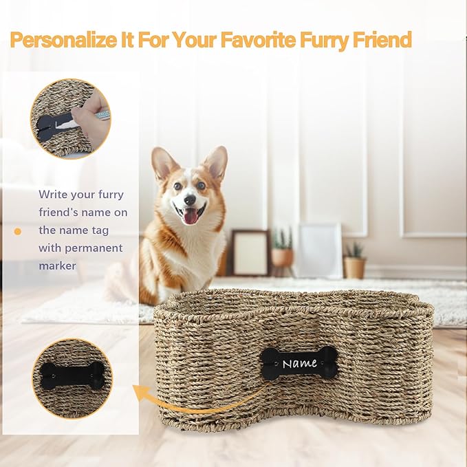 Personalized Dog Toy Bin - Bone Shape Dog Toys Storage & Organizer Boxes for Living Room - Handmade Seagrass Basket