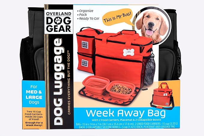 Mobile Dog Gear, Week Away Dog Travel Bag for Medium and Large Dogs, Includes Lined Food Carriers and 2 Collapsible Dog Bowl, Black