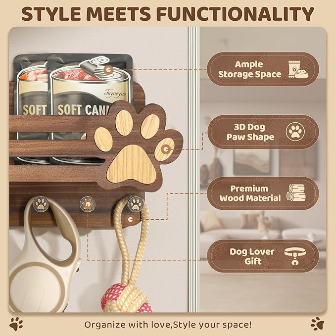 MTERSN Decorative Dog Leash Holder for Wall - Dog Accessories Organizer with Floating Shelf and 6 Key Hooks – Key Holder Wall Mount for Cute Stuff & Rustic Home Decor (Brown)