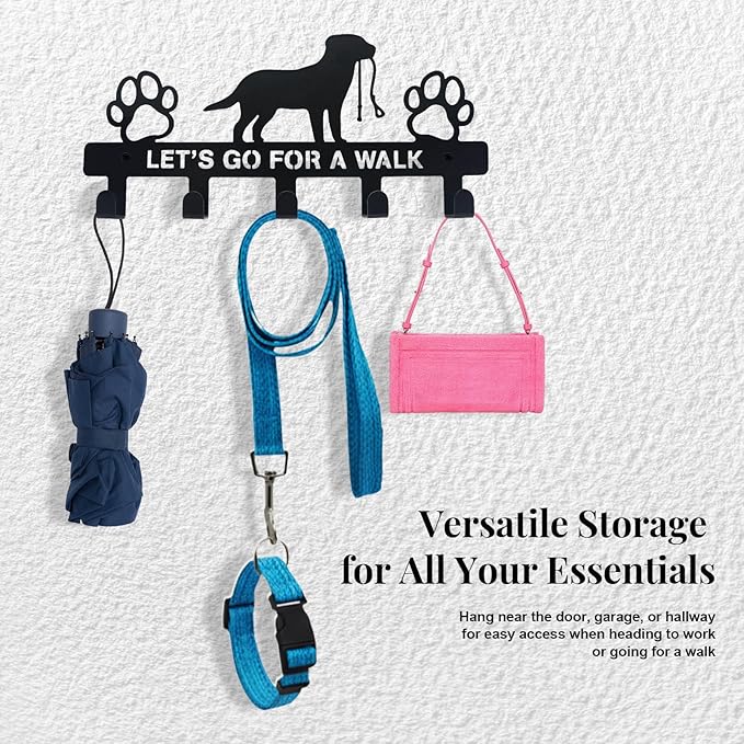 5-Hook Heavy Duty Dog Leash Holder for Wall, Metal Rust Proof Pet Leash Organizer & Key Holder, Screw Mount No Adhesive Hanger for Leashes, Keys, Collars - Entryway, Garage, Mudroom Storage