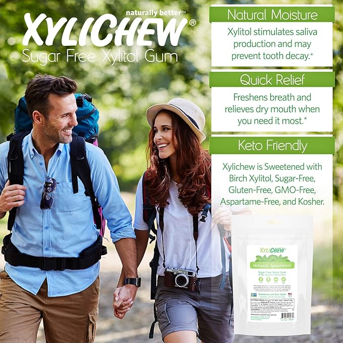 Xylichew 100% Xylitol Chewing Gum - Non GMO, Non Aspartame, Gluten Free, and Sugar Free Gum - Natural Oral Care, Relieves Bad Breath and Dry Mouth - Spearmint, 500 Count