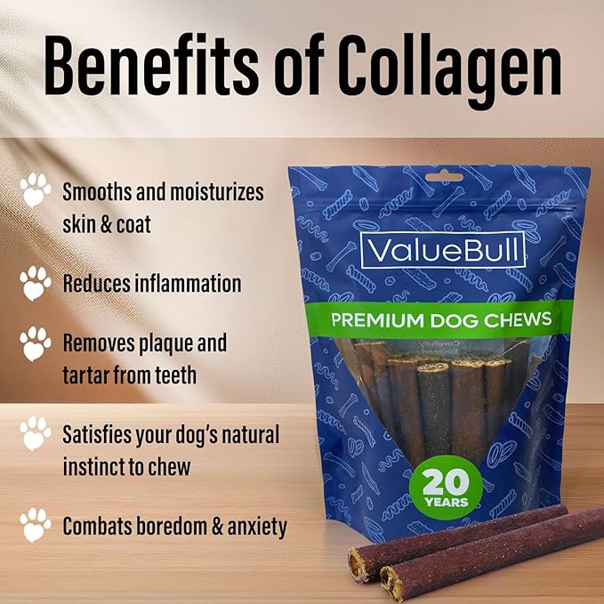 ValueBull Collagen Sticks for Dogs, 6 Inch Thick Chews, Natural Long-Lasting Dog Treats, 200 Count Bulk Pack - Supports Joints, Skin & Coat with Chondroitin & Glucosamine